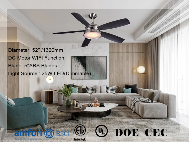 52 Inch LED Luxury Decorative Lighting Ceiling Fans Air Cooler 5 Blade Remote Control Modern Style Exhaust Fan Ventilation Fans Home Ceiling Fan with Light